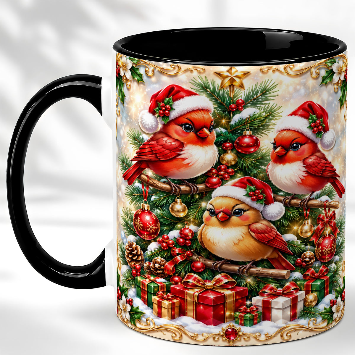#pl[11oz|Black] Christmas Cardinal Coffee Mug, Holiday Bird Mug, Ceramic Cup
