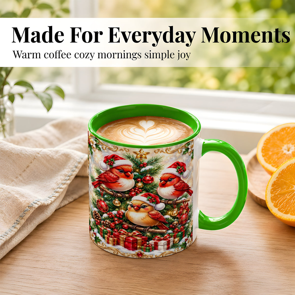 #pl[11oz|Green] Christmas Cardinal Coffee Mug, Holiday Bird Mug, Ceramic Cup