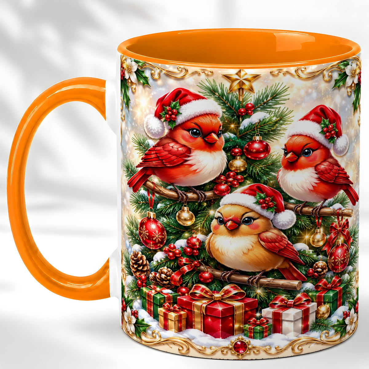 #pl[11oz|Orange] Christmas Cardinal Coffee Mug, Holiday Bird Mug, Ceramic Cup