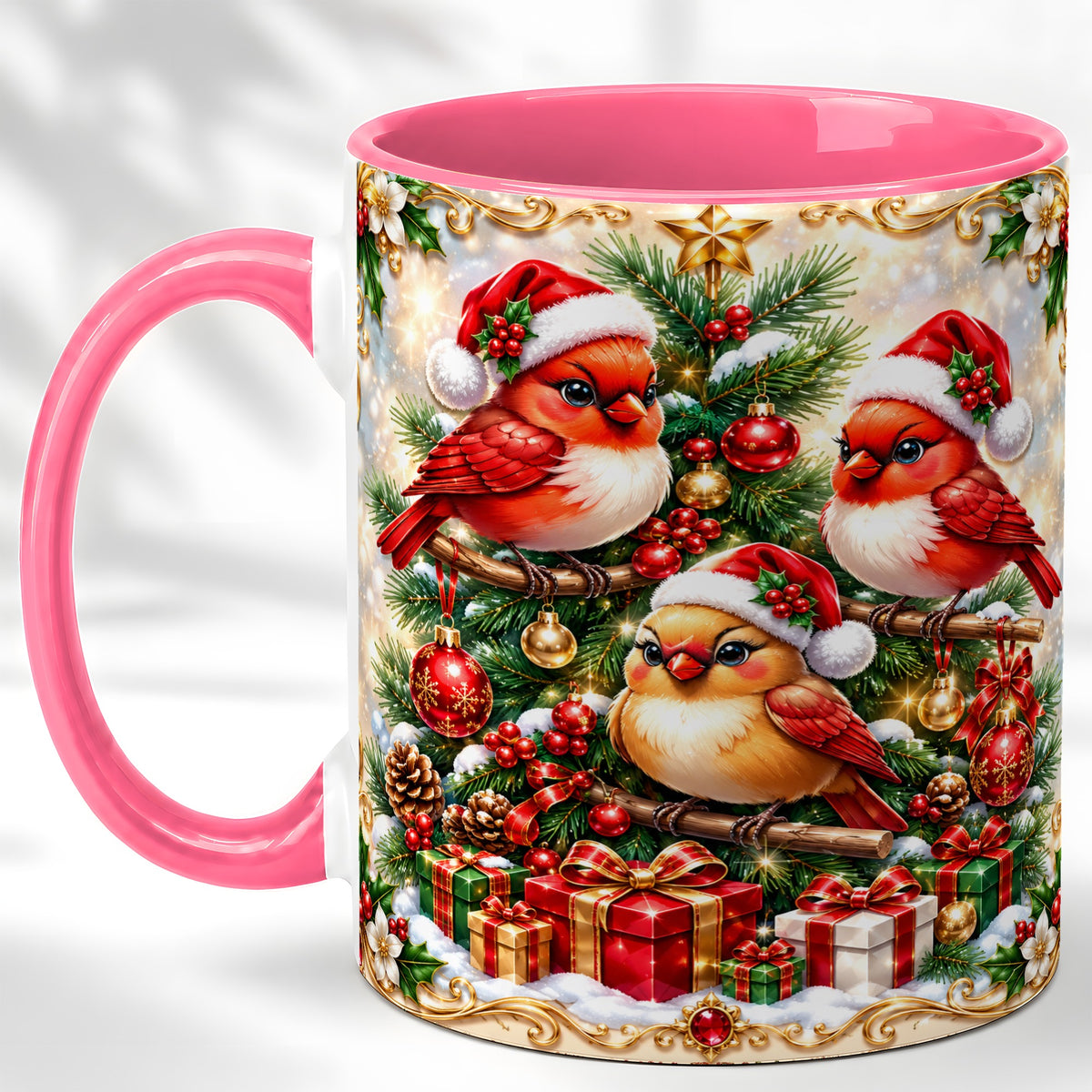 #pl[11oz|Pink] Christmas Cardinal Coffee Mug, Holiday Bird Mug, Ceramic Cup