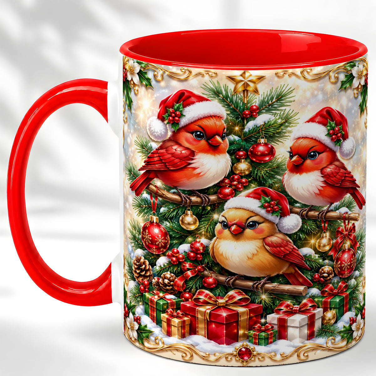 Christmas Cardinal Coffee Mug, Holiday Bird Mug, Ceramic Cup