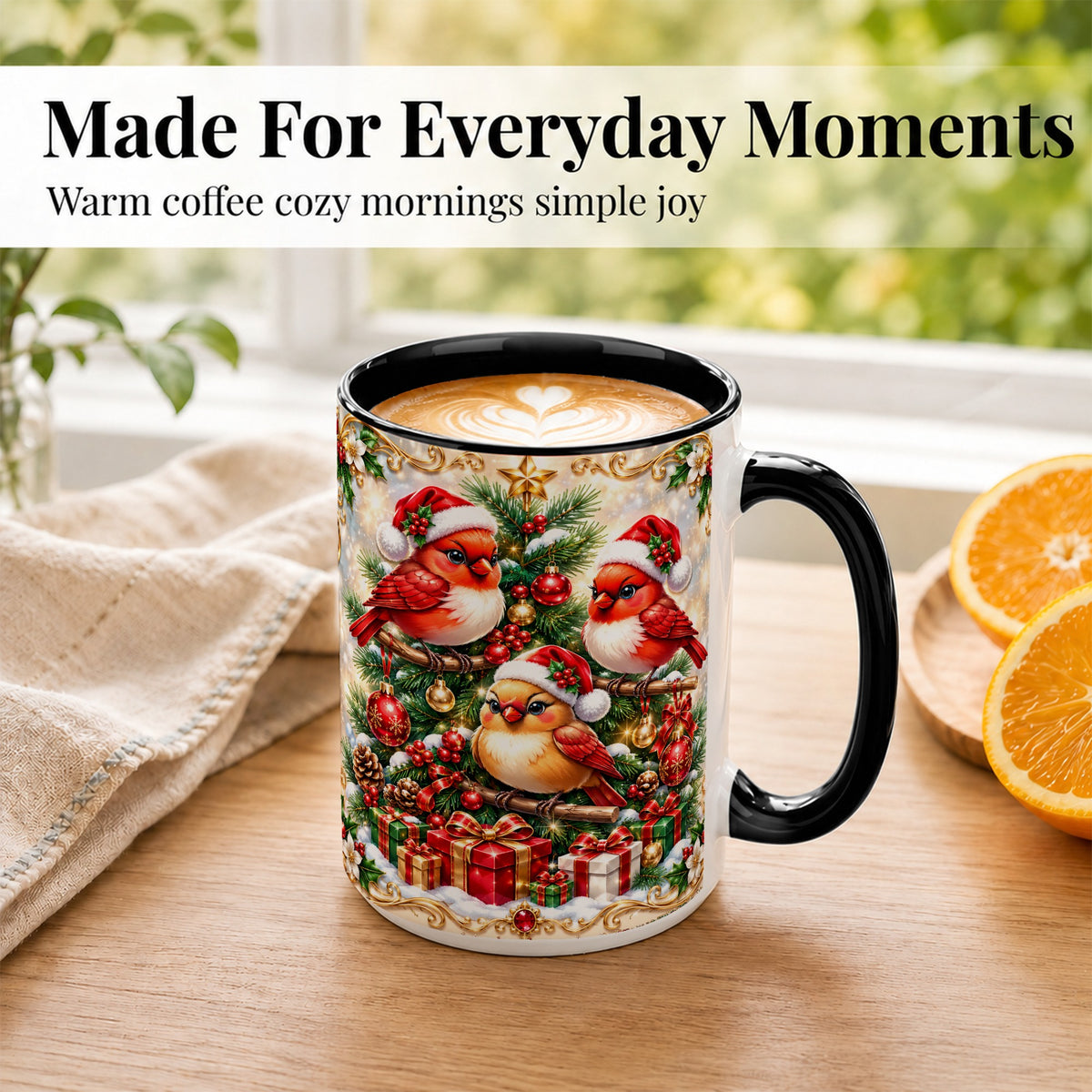 #pl[15oz|Black] Christmas Cardinal Coffee Mug, Holiday Bird Mug, Ceramic Cup