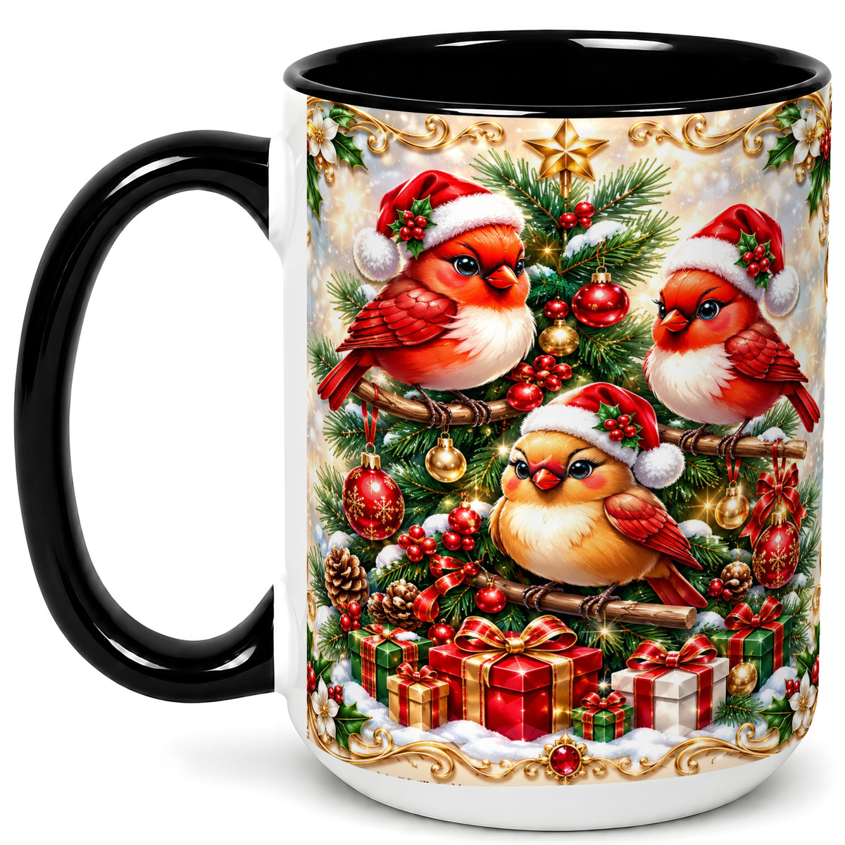 #pl[15oz|Black] Christmas Cardinal Coffee Mug, Holiday Bird Mug, Ceramic Cup