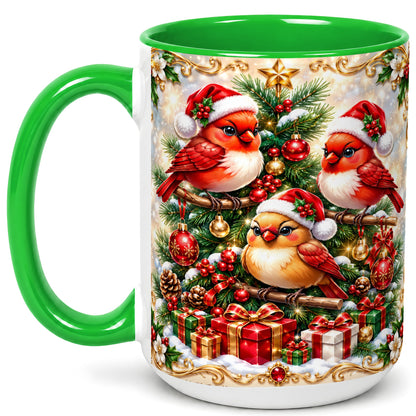 #pl[15oz|Green] Christmas Cardinal Coffee Mug, Holiday Bird Mug, Ceramic Cup