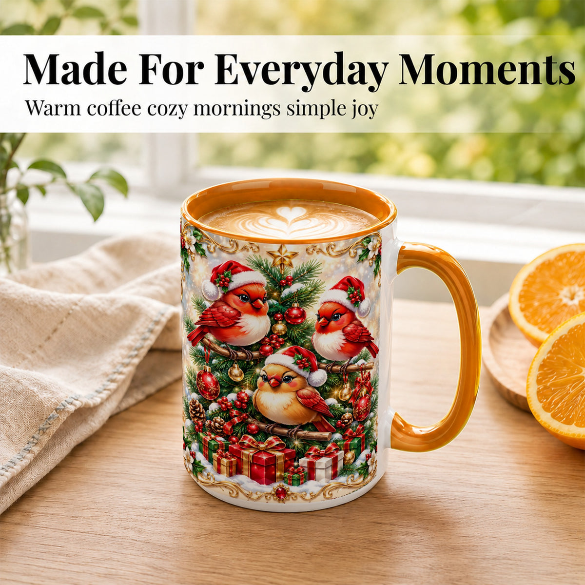 #pl[15oz|Orange] Christmas Cardinal Coffee Mug, Holiday Bird Mug, Ceramic Cup