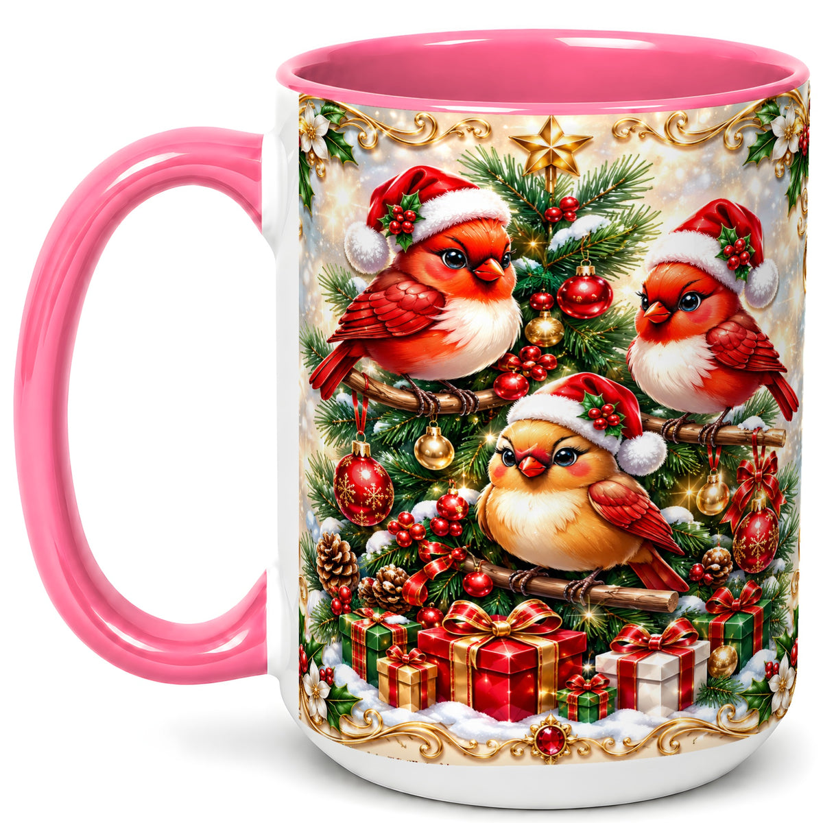 #pl[15oz|Pink] Christmas Cardinal Coffee Mug, Holiday Bird Mug, Ceramic Cup