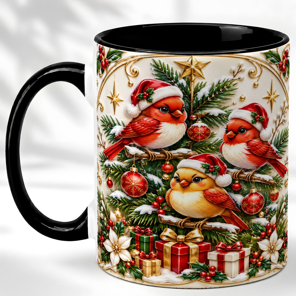#pl[11oz|Black] Christmas Cardinal Coffee Mug, Holiday Bird Mug, Ceramic Cup
