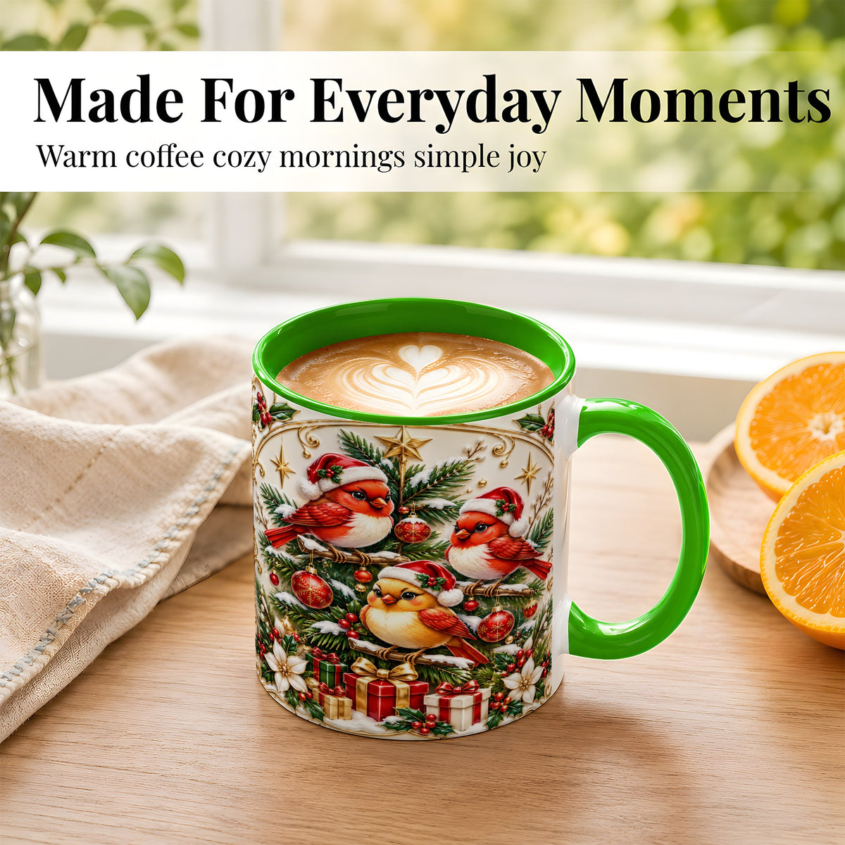 #pl[11oz|Green] Christmas Cardinal Coffee Mug, Holiday Bird Mug, Ceramic Cup