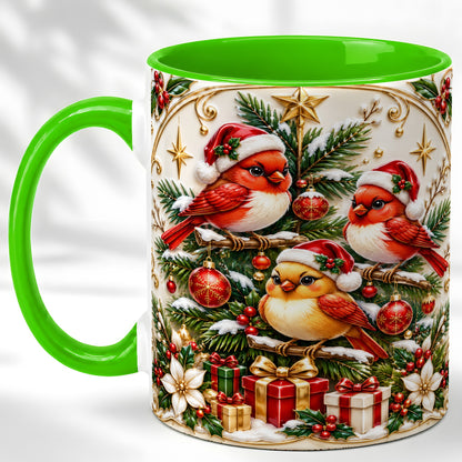 #pl[11oz|Green] Christmas Cardinal Coffee Mug, Holiday Bird Mug, Ceramic Cup