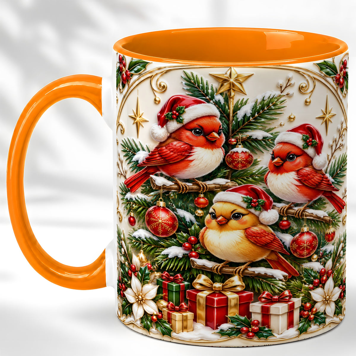 #pl[11oz|Orange] Christmas Cardinal Coffee Mug, Holiday Bird Mug, Ceramic Cup