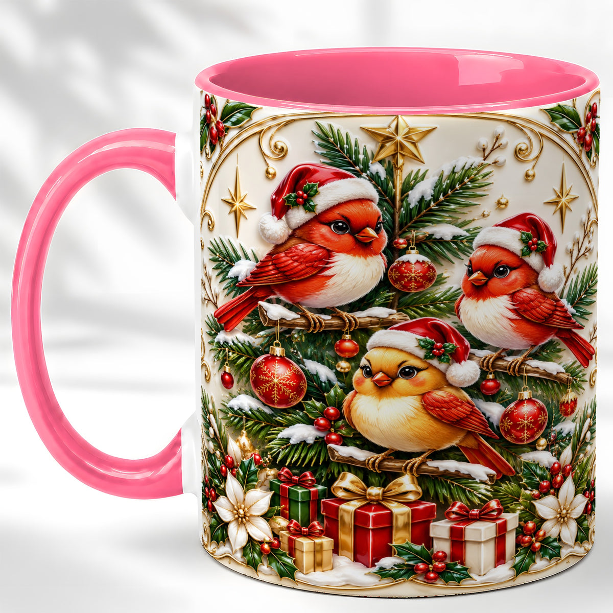 #pl[11oz|Pink] Christmas Cardinal Coffee Mug, Holiday Bird Mug, Ceramic Cup