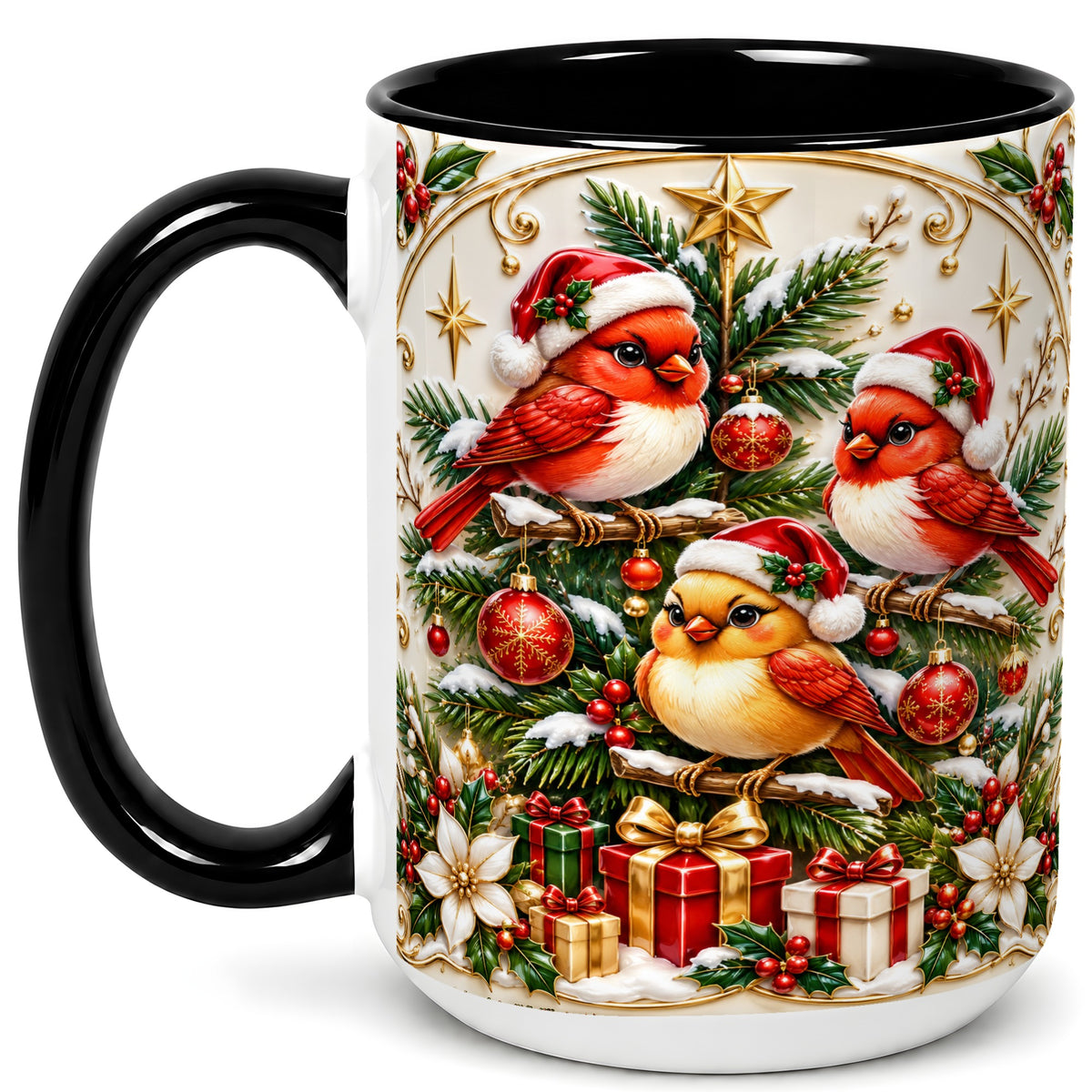 #pl[15oz|Black] Christmas Cardinal Coffee Mug, Holiday Bird Mug, Ceramic Cup