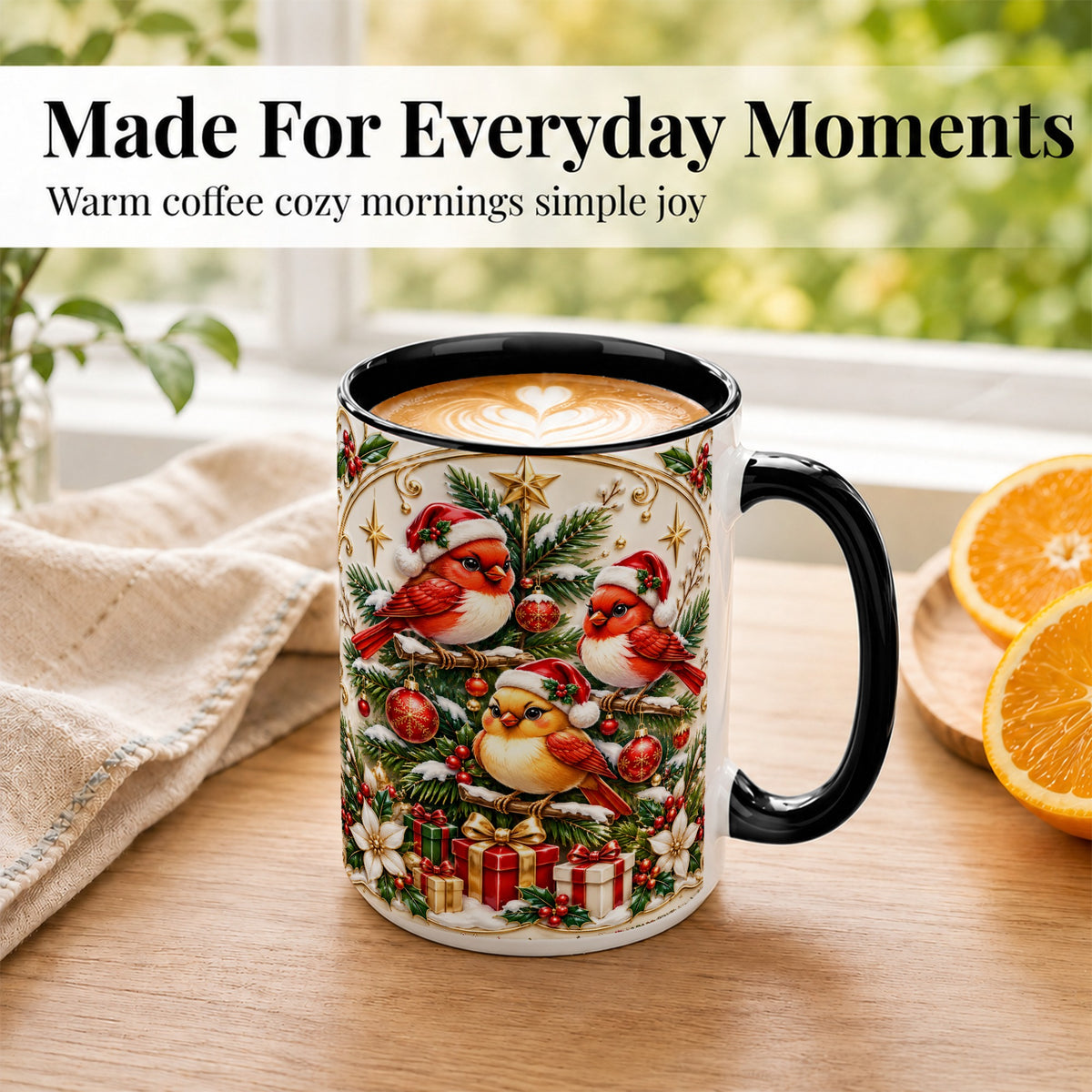 #pl[15oz|Black] Christmas Cardinal Coffee Mug, Holiday Bird Mug, Ceramic Cup