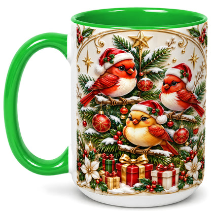 #pl[15oz|Green] Christmas Cardinal Coffee Mug, Holiday Bird Mug, Ceramic Cup