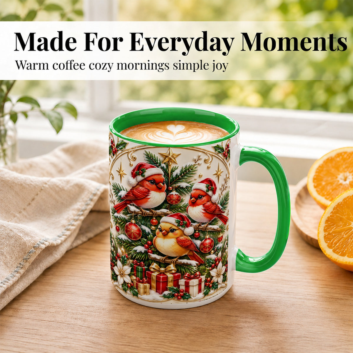 #pl[15oz|Green] Christmas Cardinal Coffee Mug, Holiday Bird Mug, Ceramic Cup