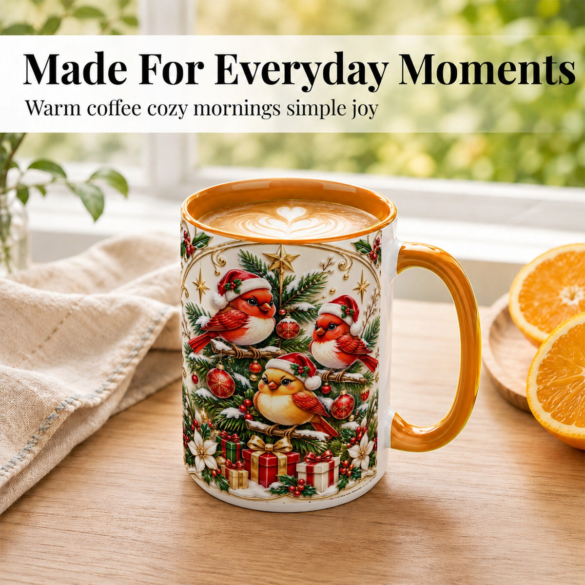 #pl[15oz|Orange] Christmas Cardinal Coffee Mug, Holiday Bird Mug, Ceramic Cup