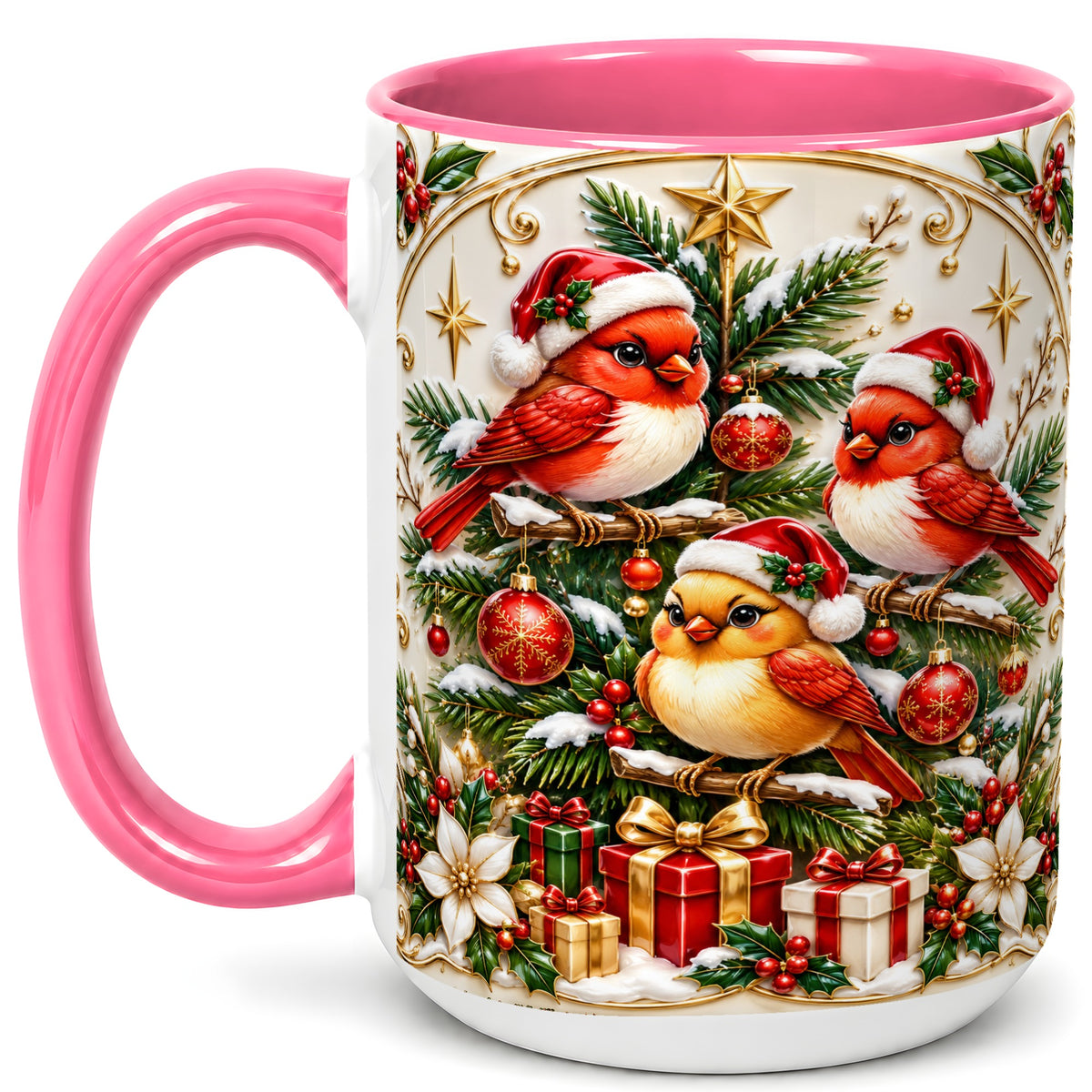 #pl[15oz|Pink] Christmas Cardinal Coffee Mug, Holiday Bird Mug, Ceramic Cup