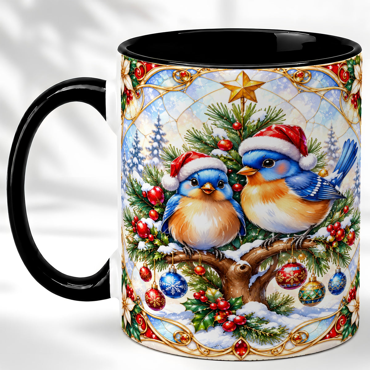 #pl[11oz|Black] Christmas Bluebird Coffee Mug, Winter Bird Mug, Ceramic Cup