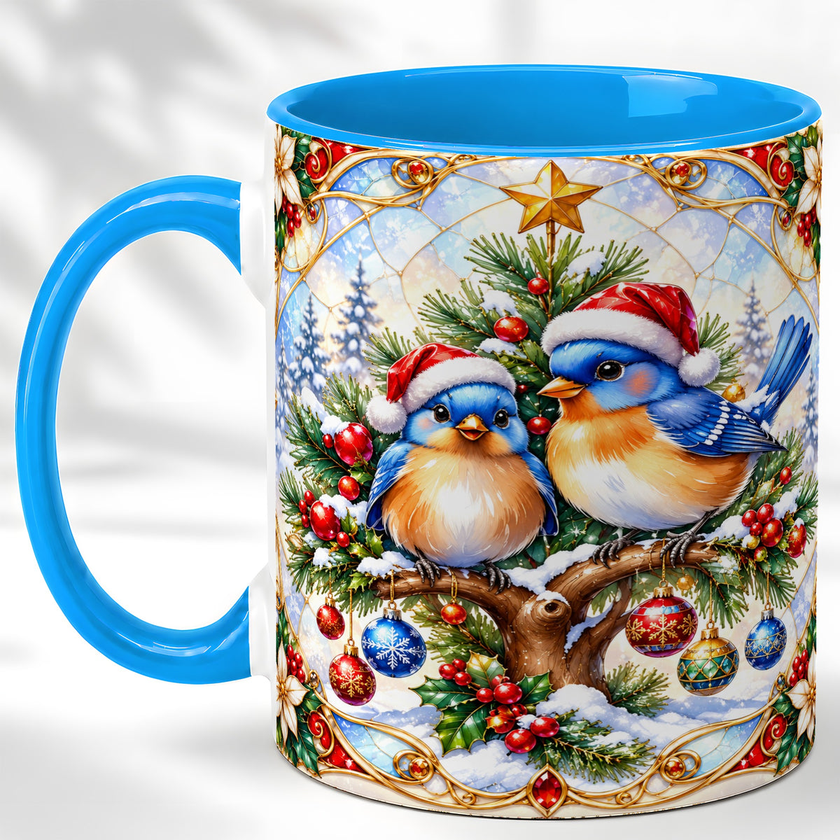 #pl[11oz|Blue] Christmas Bluebird Coffee Mug, Winter Bird Mug, Ceramic Cup