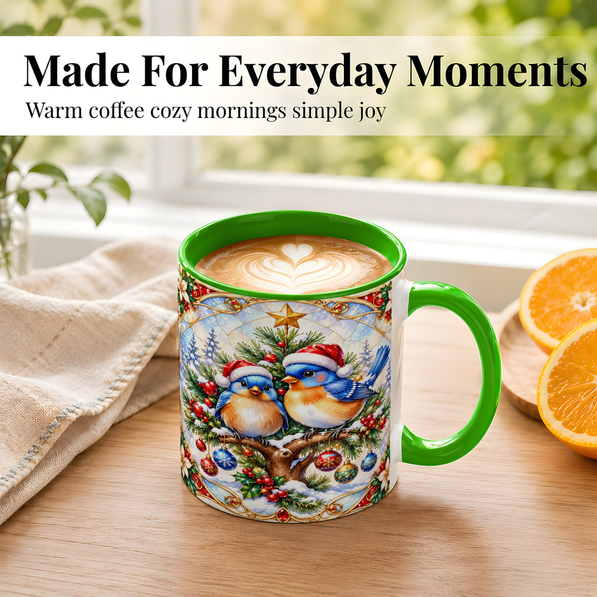 #pl[11oz|Green] Christmas Bluebird Coffee Mug, Winter Bird Mug, Ceramic Cup