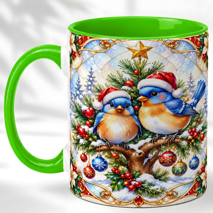 #pl[11oz|Green] Christmas Bluebird Coffee Mug, Winter Bird Mug, Ceramic Cup
