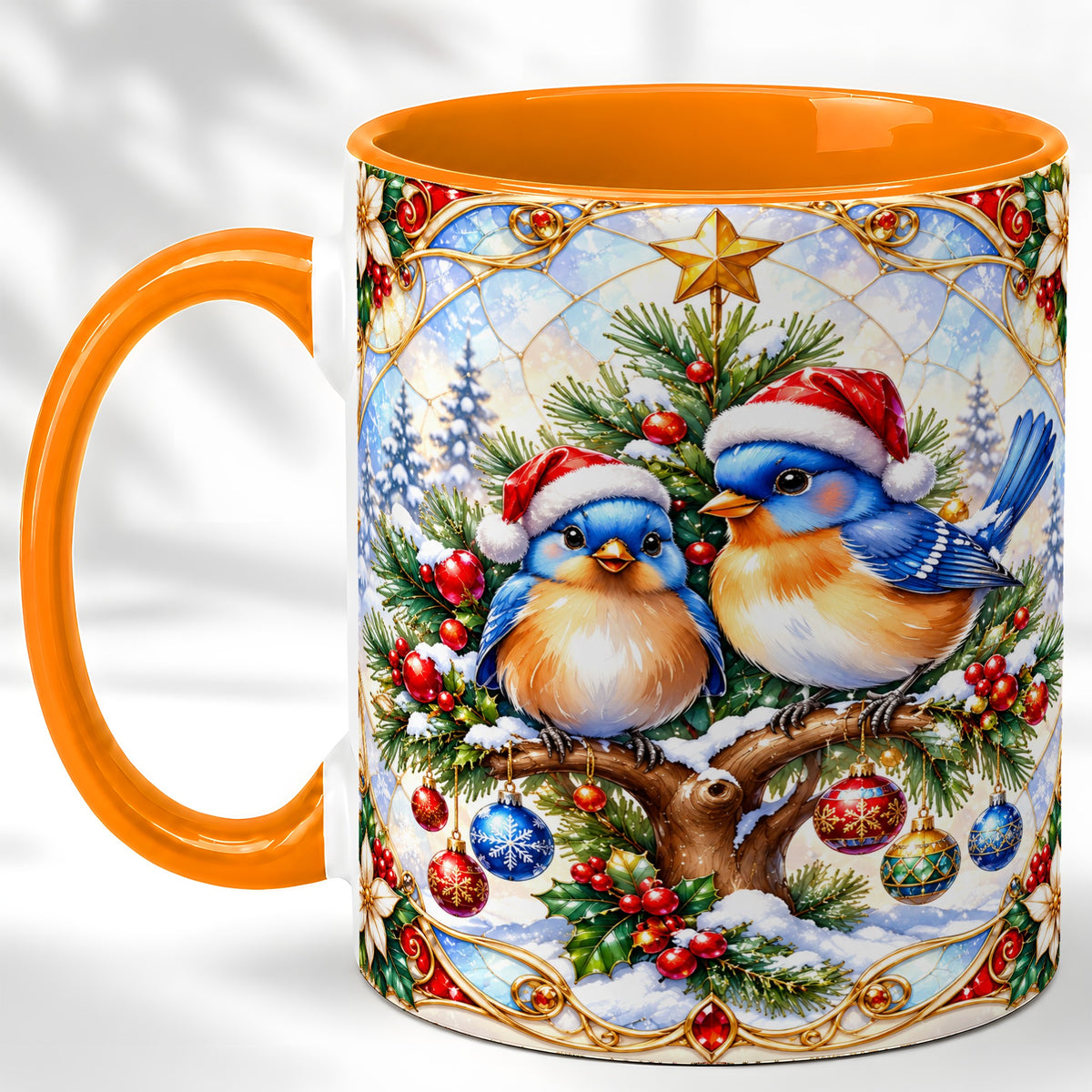 #pl[11oz|Orange] Christmas Bluebird Coffee Mug, Winter Bird Mug, Ceramic Cup