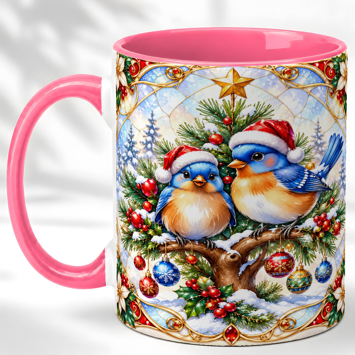 #pl[11oz|Pink] Christmas Bluebird Coffee Mug, Winter Bird Mug, Ceramic Cup