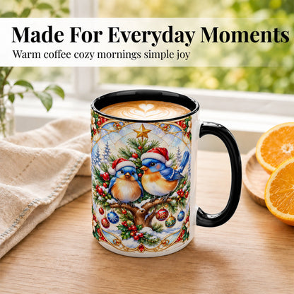 #pl[15oz|Black] Christmas Bluebird Coffee Mug, Winter Bird Mug, Ceramic Cup