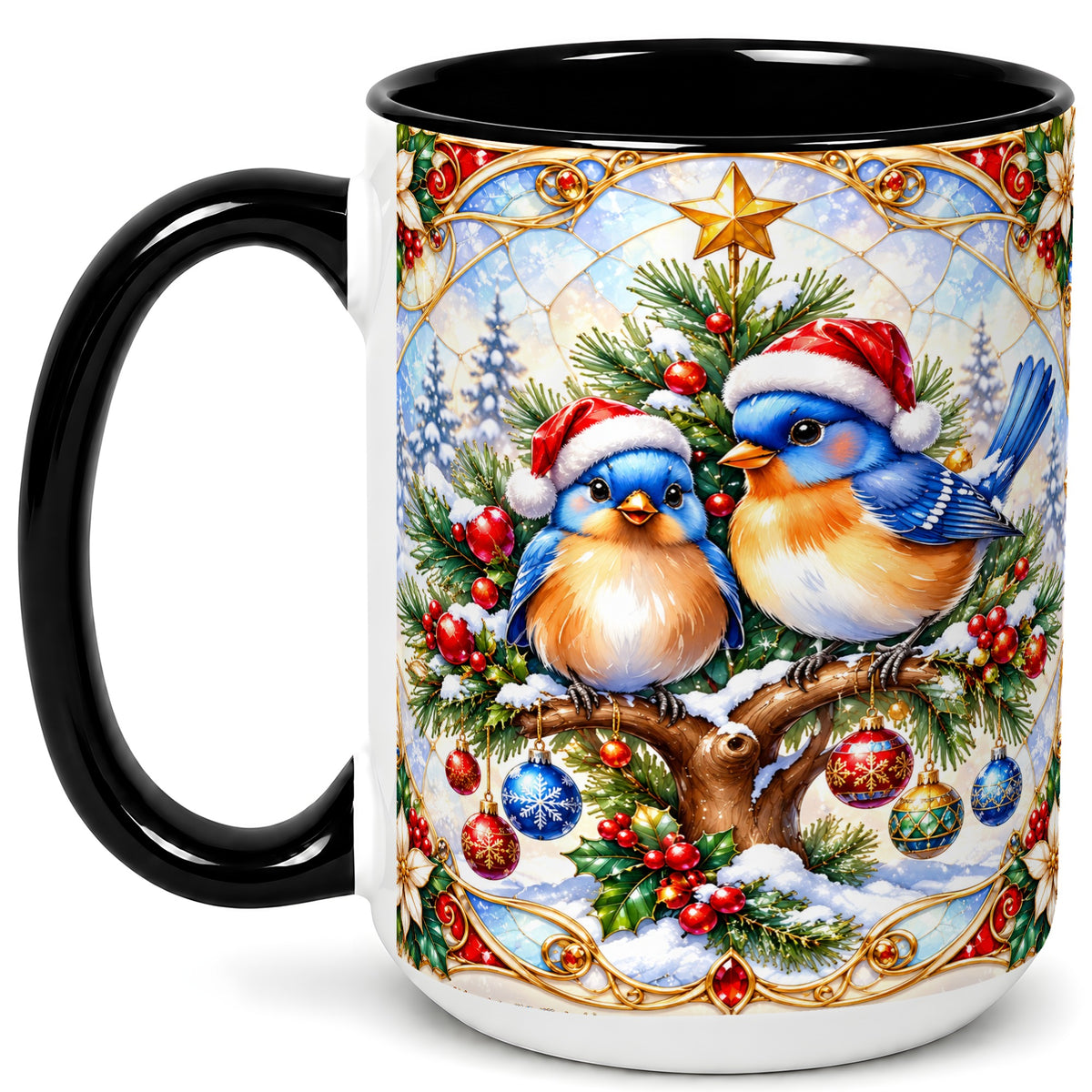 #pl[15oz|Black] Christmas Bluebird Coffee Mug, Winter Bird Mug, Ceramic Cup