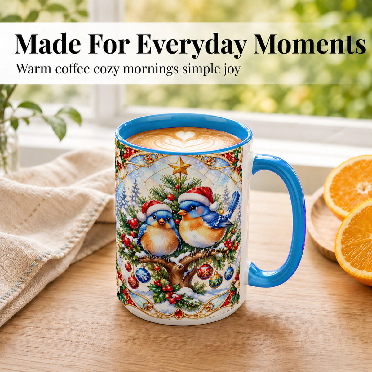 #pl[15oz|Blue] Christmas Bluebird Coffee Mug, Winter Bird Mug, Ceramic Cup