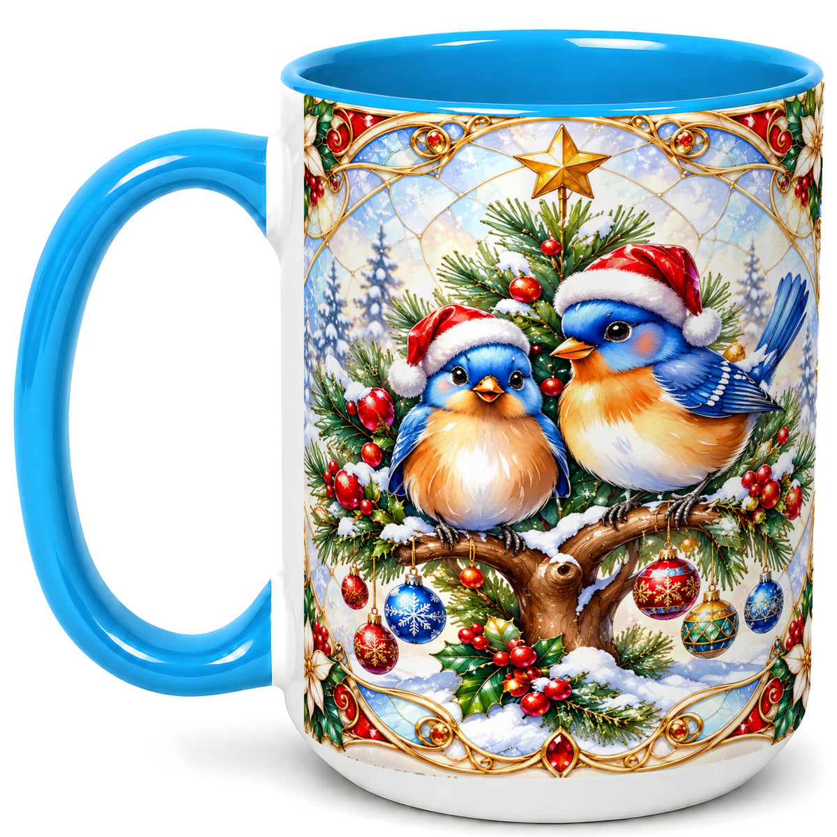#pl[15oz|Blue] Christmas Bluebird Coffee Mug, Winter Bird Mug, Ceramic Cup