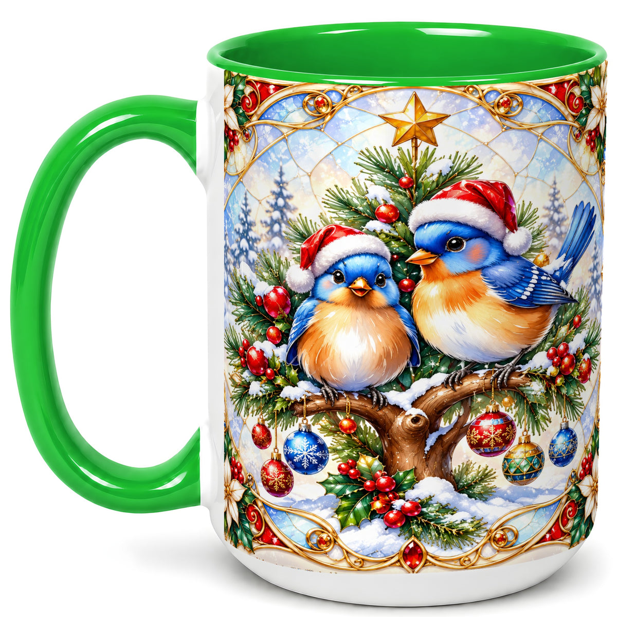#pl[15oz|Green] Christmas Bluebird Coffee Mug, Winter Bird Mug, Ceramic Cup