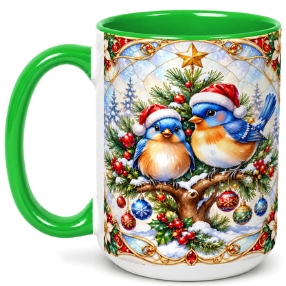 #pl[15oz|Green] Christmas Bluebird Coffee Mug, Winter Bird Mug, Ceramic Cup