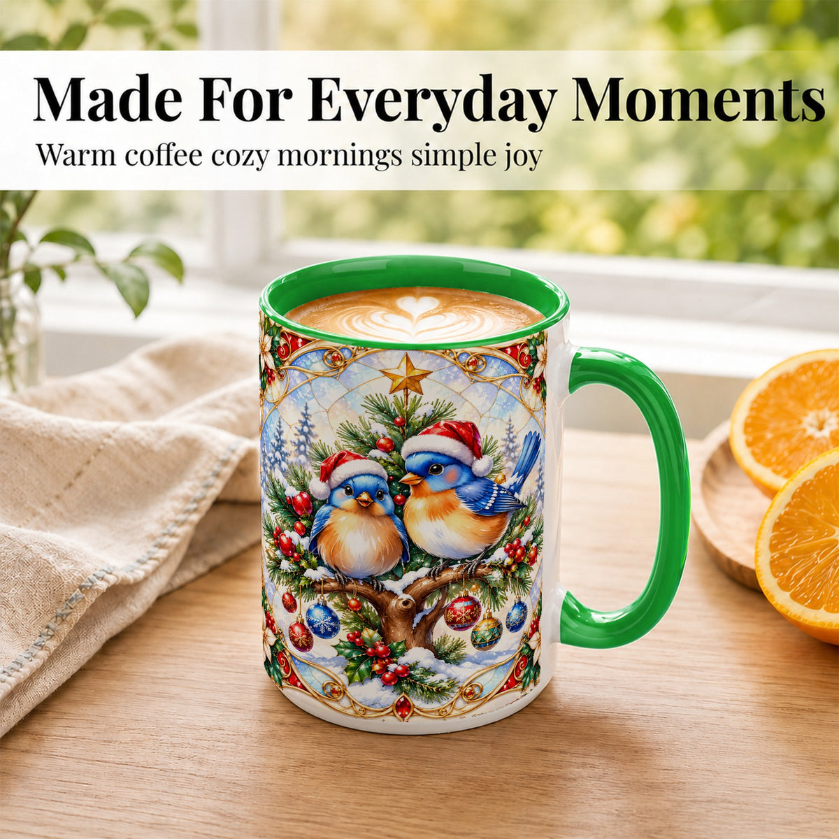 #pl[15oz|Green] Christmas Bluebird Coffee Mug, Winter Bird Mug, Ceramic Cup