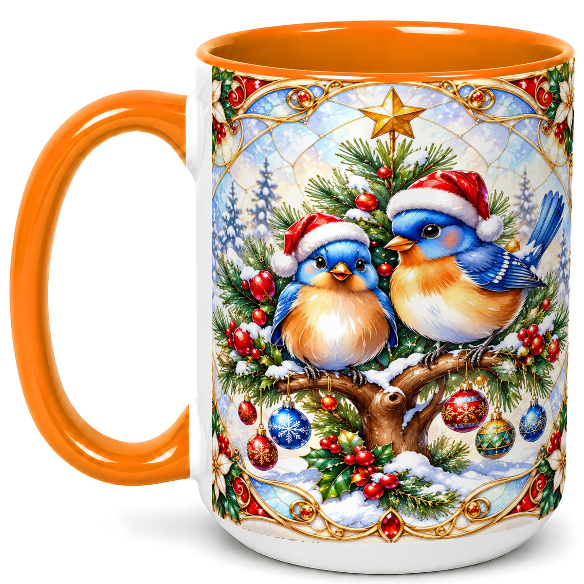 #pl[15oz|Orange] Christmas Bluebird Coffee Mug, Winter Bird Mug, Ceramic Cup