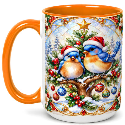 #pl[15oz|Orange] Christmas Bluebird Coffee Mug, Winter Bird Mug, Ceramic Cup