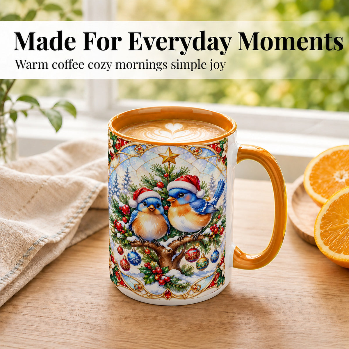 #pl[15oz|Orange] Christmas Bluebird Coffee Mug, Winter Bird Mug, Ceramic Cup