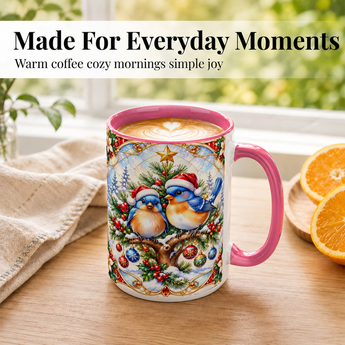 #pl[15oz|Pink] Christmas Bluebird Coffee Mug, Winter Bird Mug, Ceramic Cup