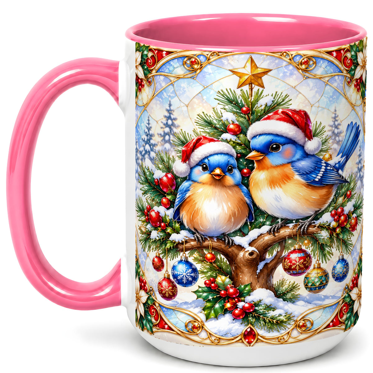 #pl[15oz|Pink] Christmas Bluebird Coffee Mug, Winter Bird Mug, Ceramic Cup