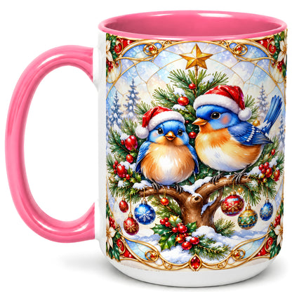 #pl[15oz|Pink] Christmas Bluebird Coffee Mug, Winter Bird Mug, Ceramic Cup