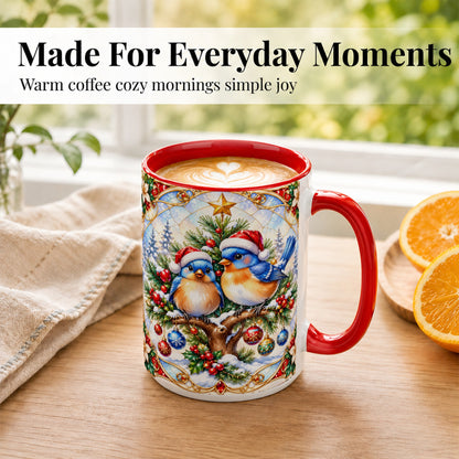 #pl[15oz|Red] Christmas Bluebird Coffee Mug, Winter Bird Mug, Ceramic Cup