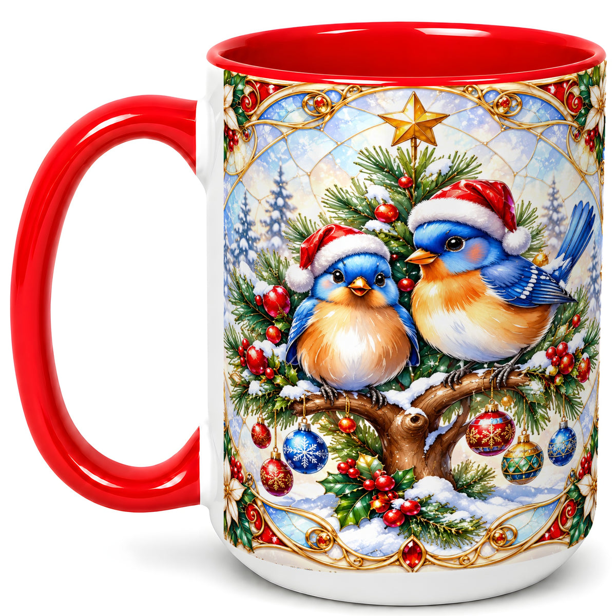 #pl[15oz|Red] Christmas Bluebird Coffee Mug, Winter Bird Mug, Ceramic Cup