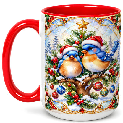#pl[15oz|Red] Christmas Bluebird Coffee Mug, Winter Bird Mug, Ceramic Cup
