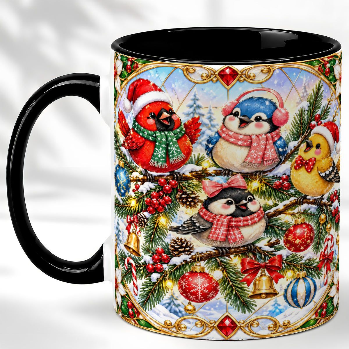 #pl[11oz|Black] Christmas Winter Birds Coffee Mug, Festive Bird Mug, Ceramic Cup