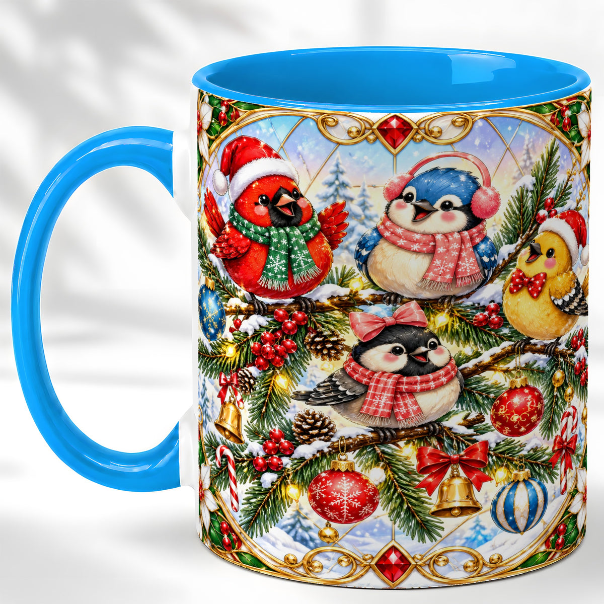 #pl[11oz|Blue] Christmas Winter Birds Coffee Mug, Festive Bird Mug, Ceramic Cup