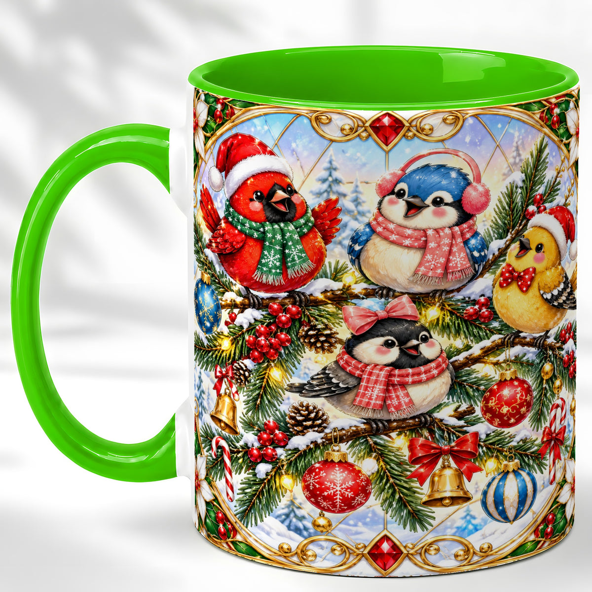 #pl[11oz|Green] Christmas Winter Birds Coffee Mug, Festive Bird Mug, Ceramic Cup