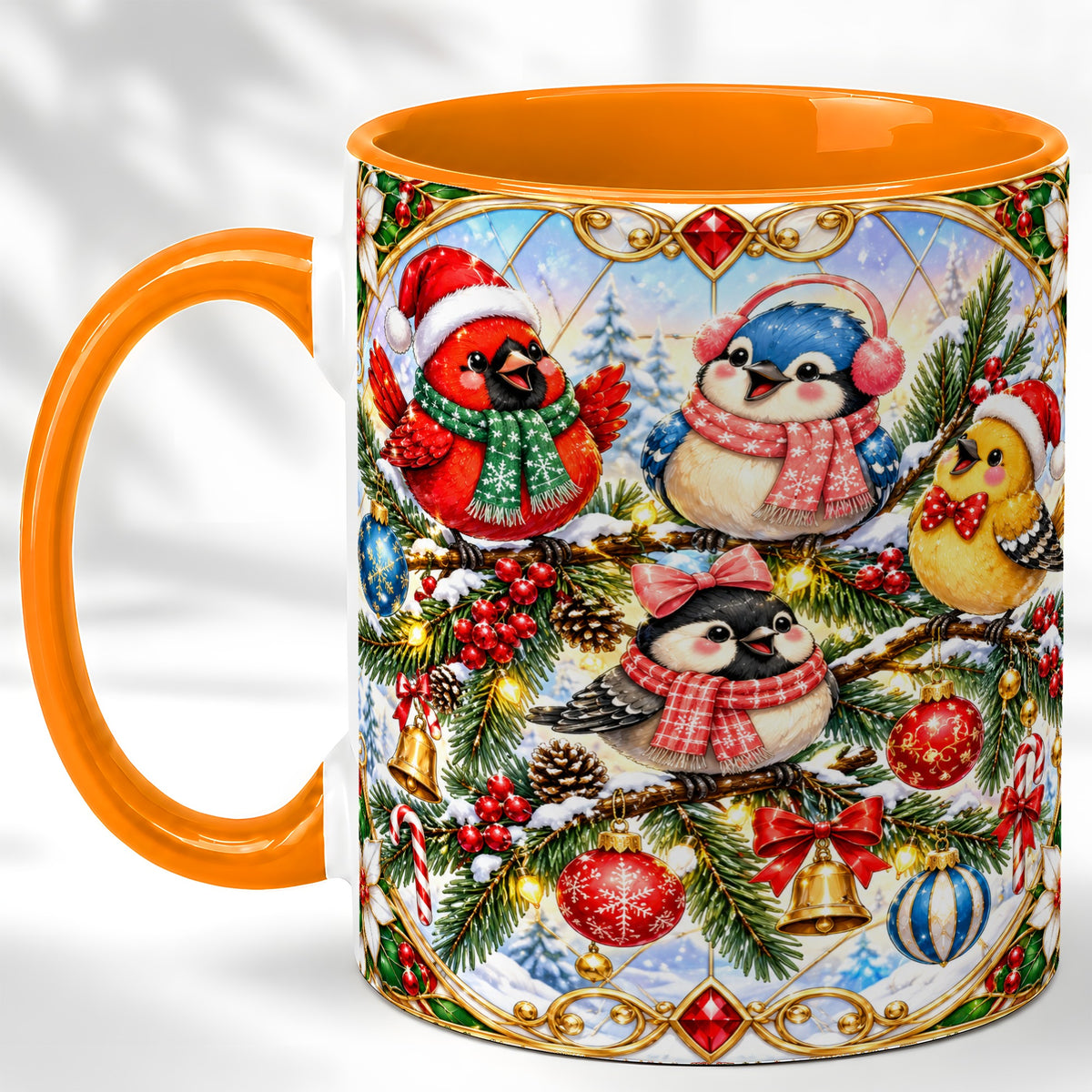 #pl[11oz|Orange] Christmas Winter Birds Coffee Mug, Festive Bird Mug, Ceramic Cup