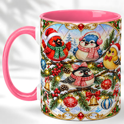 #pl[11oz|Pink] Christmas Winter Birds Coffee Mug, Festive Bird Mug, Ceramic Cup