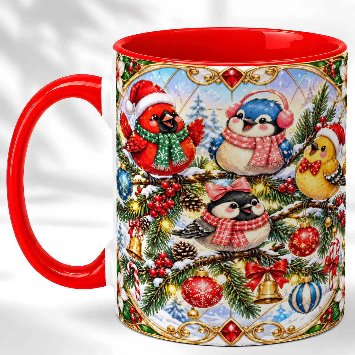Christmas Winter Birds Coffee Mug, Festive Bird Mug, Ceramic Cup
