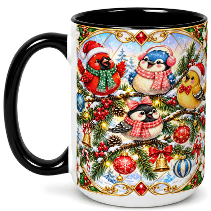 #pl[15oz|Black] Christmas Winter Birds Coffee Mug, Festive Bird Mug, Ceramic Cup